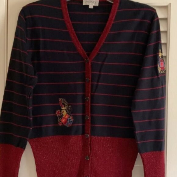 MONDI NAVY BLUE/RED CHERRY METALLIC WOOL BLEND LONG Sleeve V-NECK WOMAN CARDIGAN - Picture 1 of 6